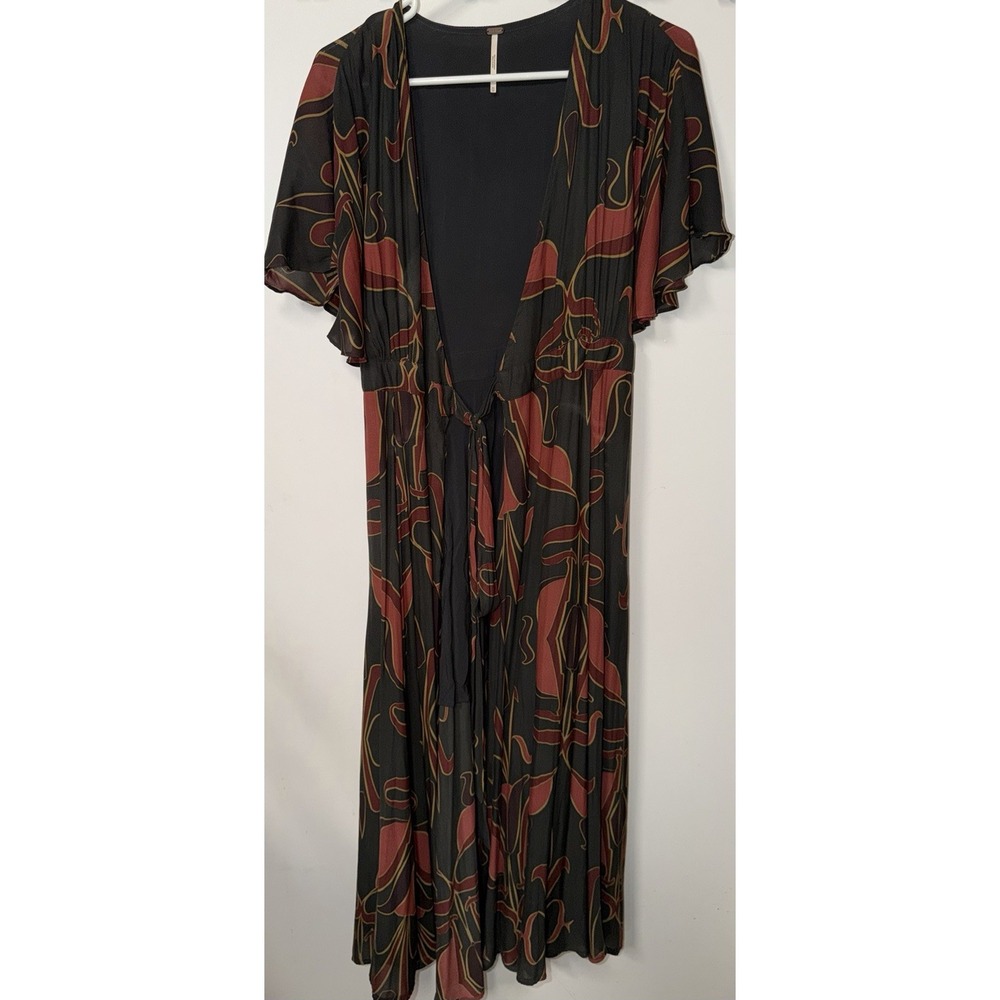 Free People Brown Gray Floral Rayon Wing Sleeve Maxi Dress Size XS